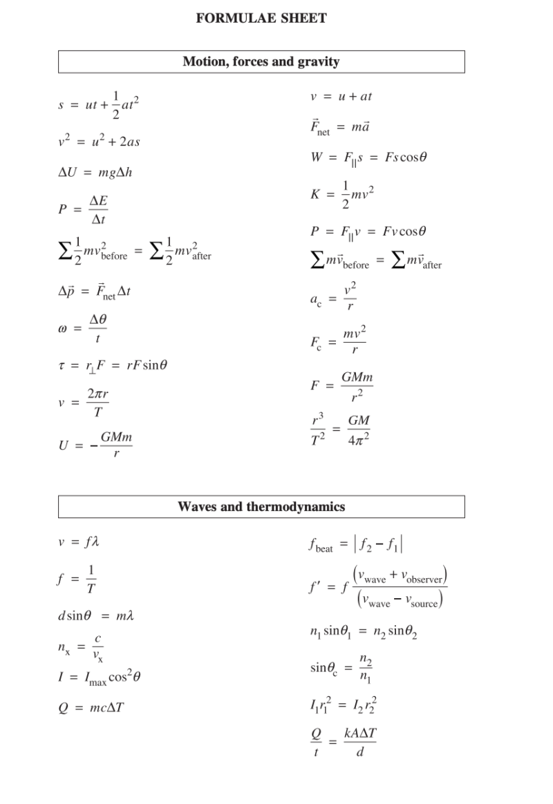 matrix education hsc physics formula sheet